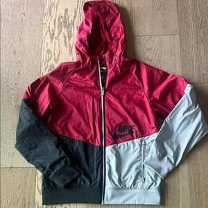 Nike Red and Black Zip-Front Hooded Rain Jacket/Windbreaker. Kids large.
